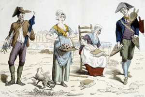 Costumes of Paris through the centuries. Illustration of 18th century clothing: merchant of umbrellas, flowers, mattress cardboard and bellows merchant by French School