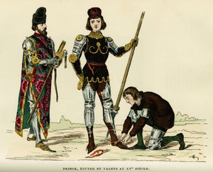 Costumes of prince, of his écuyer and his valet, in the 15th century. Colour engraving, in 