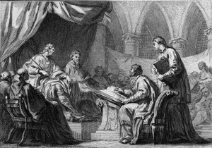 Council of Orleans, 511: Clovis I, King of the Francs, attending the Council which established cooperation between the kings of France and the Catholic Church. Engraving of the 18th century by French School