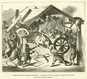 Coronation of the Emperors in Frankfurt, The Roast Ox Delivered to the People (engraving)