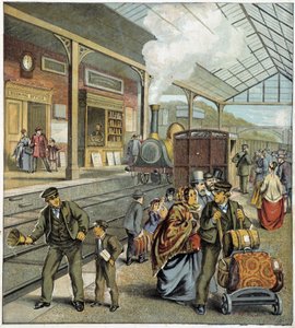 Crowd on quay of a train station in England by French School