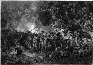Custom of New Caledonia: Pilou pilou, traditional Kanak dance. Engraving in Le Monde Illustré n°772 of 27 January 1872 by French School