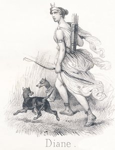 Diana: Twin sister of Apollo. In heaven, she was Phebe or Moon, tasked with illuminating the earth. In Hell, she was Hecate and presiding over the judgments of souls. On earth, she was Diana, goddess of hunting by French School