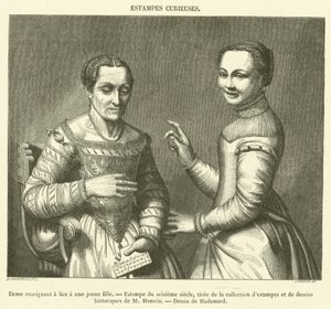 Lady Teaching a Young Girl to Read, Sixteenth Century Print (engraving) by French School