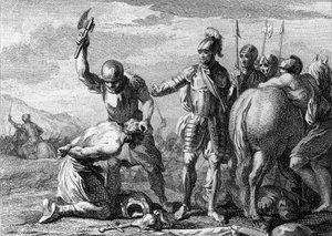 Decapitation of Syagrius, 486: execution of Roman General Siagrius defeated in the Battle of Soissons by the troops of Clovis 1. Engraving of the 18th century by French School