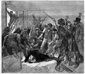 Decazeville (Aveyron) miners strike in 1886: engineer Watrin was murdered by the strikers. Engraving in Le Monde Illustre, 6 February 1886 by French School
