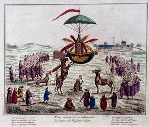 Departing the satire flying ship on the flying machine imagined by Jean-Pierre Blanchard: donkeys, monkeys and blind look at the strange machine equipped with six wings and a rudder. Engraving from the end of the 18th century. Paris, Musee Carn by French School