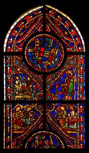 Part of a window from the church of Varennes-Jarcy (originally from the Abbey de Gercy?); scenes include the Annunciation to the Shepherds, the Synagogue and musician angels