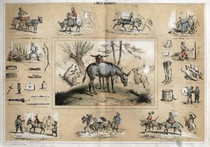 Description of the different products and uses of donkey: the animal helps the work of the miller, the travelling musician, the plougher, the circus artists. (detail) by French School
