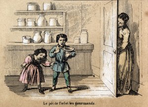 Description of the five senses: (detail) of the taste, two greedy children trapped by their mother who hides a pot with bitter taste among the other sugar jars. Plate 