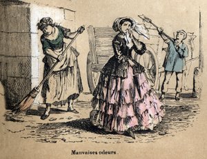 Description of the five senses: smell, a bourgeois clogging her nostrils so as not to smell the bad smells of manure and dung. Plate 