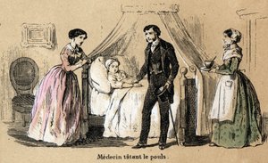 Description of the five senses: touch, a doctor taking the pulse of a sick girl. Plate 