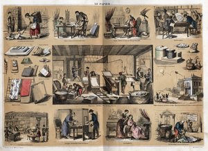 Description of the various products and uses of paper: at the centre are activities in a stationery, making paper from rags, pulp, shapes and press. Various uses, drawing paper, scientist Buffon writing his Natural History, reading public papers (newspaper by French School