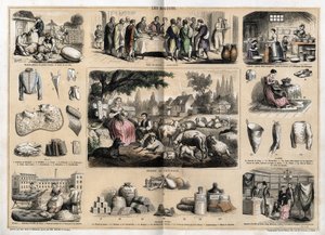 Description of the various uses and products of sheep: sheepcutting, paschal lamb served as a traditional dish in Easter, young dairy women making butter and cheeses; tapestry and wool products, cups, slippers, wool stockings, sold in fabric and fabric sho by French School