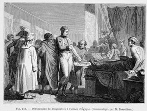Desgenettes devotion to the army of Egypt (giving his blood) - engraving by French School