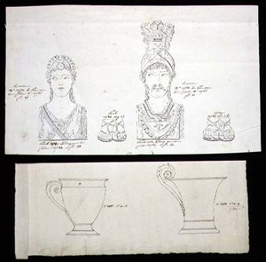 Designs for gilt bronze ormolu furniture mounts and French Empire porcelain cups, c.1820 by French School