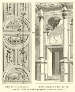 Detail of the double arch A, Central Gate of the Hotel de Ville, C, trace of the marble slab that bore the statue of Henry IV by French School