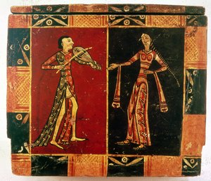 Detail from a wedding chest depicting a musician and a dancer