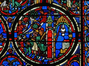 Detail from a window depicting the Passion: Christ being greeted on his entry to Jerusalem