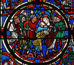 Detail from a window depicting the Passion: Judas betrayal by French School