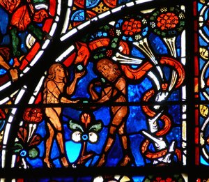 Detail from a Window Depicting the Parable of the Good Samaritan: Adam and Eve Being Tempted by the Serpent