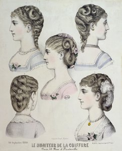 Different hairstyles, plate from Le Moniteur de la Coiffure, 1880