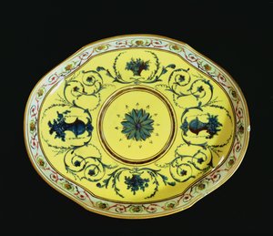 Dish with a yellow background, Sevres Workshop