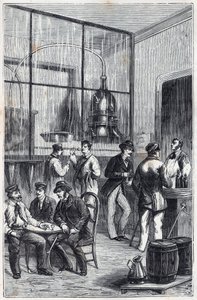 Distillator shop in Paris in the 19th century - Engraving in Sciences made available to all - physics and chemistry by Alexis Clerc - End 19th century - Private collection by French School