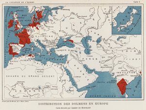 Distribution of Dolmens in Europe (colour lithograph)