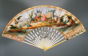 Double Leaf Hand Fan Painted with Pastoral Scene