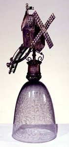 Drinking glass with metal foot in shape of a windmill, engraved with diamond point by French School