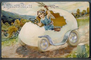 Easter greeting card depicting a little angel sitting on an egg shell transformed into a car