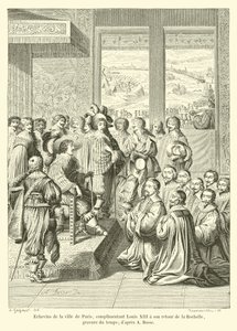Aldermen of the city of Paris, complimenting Louis XIII on his return from La Rochelle, engraving of the time; after A Bosse by French School
