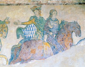 Eleanor of Aquitaine, Queen of England and Her Daughter-in-Law Isabella of Angouleme on Horseback by French School