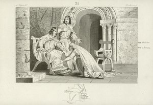 Emma of France kisses the knee of her husband Raoul, in recognition of his sovereignty by French School