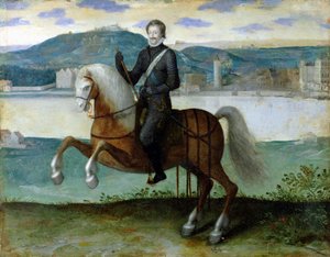 Equestrian Portrait of Henri IV (1553-1610) King of France, before the walls of Paris by French School