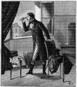Etienne Louis Malus (1775-1812) observes through a spath the light of the sunset reflected by the glass windows of Luxembourg in 1808 - Etienne-Louis Malus (1775-1812) French officer, engineer, physicist, and mathematician - Engraving in 