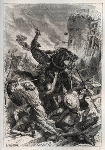 Eudes, king of the Franks, leads the battle against the Normans and victoriously defends Paris - Eudes in battle against the Normans - The history of France told to my grandchildren - by Francois Guizot - 1872-1876 by French School