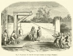 Experiment with the Glass Vase Dragging a Group of Men (engraving) by French School