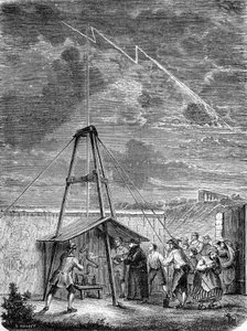 Experiment made on 10 May 1752, by Thomas Francois Dalibard at Marly, first demonstration of the presence of electricity in stormy clouds - engraving by French School