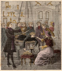 Electrical experiment made on a man by Abbe Jean Antoine Nollet (1700-70) in a physicist cabinet - Engraving in Sciences à la gratete de tous - physics et chimie popu by French School
