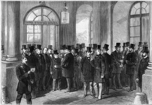 Extension of the presidential term of the marshal of Mac-Mahon, establishment of the septennat in France, November 1873: view of the entrance door of the Assemblée de Versailles, on the day of discussion of the prorogation. From left to right