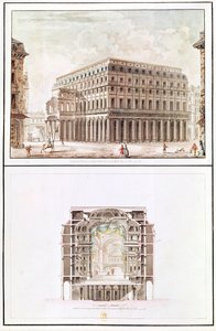 Exterior and cross-section of the interior of the Theatre des Varietes, 6 rue de Richelieu by French School