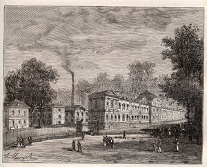 Exterior view of the Imperiale Porcelain Factory of Sevres, built in the park of Saint Cloud following the plans of the architect Laudin - engraving in France illustree: geography, history, statistical administration by V.-A. Malt-Brown. 1884 by French School