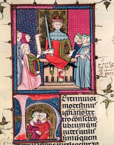 Conjugal Law, an adulterous wife appearing in court, from Justiniani in Fortiatum by French School