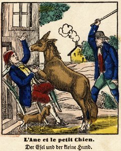 Fables of La Fontaine: The Donkey and the Little Dog. Image of Epinal, first half of the 19th century