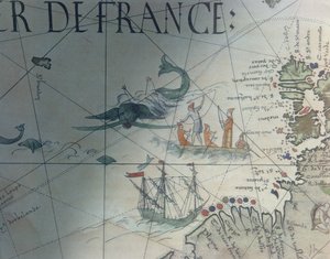 Facsimile of Whaling and Isle of Saint Brandon, detail from a portolan map by Pierre Desceliers, 1546, published in Monuments de la Geographie by Edme Francois Jomard