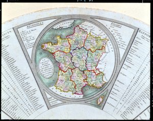 Fan depicting the Map of France as Divided into 9 regions, 10 metropolis and 83 departments