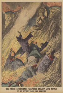 Fanatical Buddhist monks burning their temple and throwing themselves into the flames on the island of Formosa