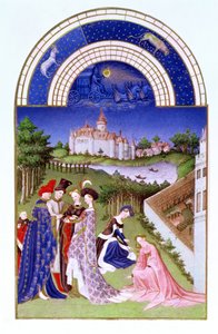 Facsimile of April: Courtly Figures in the Castle Grounds by the Limbourg Brothers, from the Tres Riches Heures du Duc de Berry